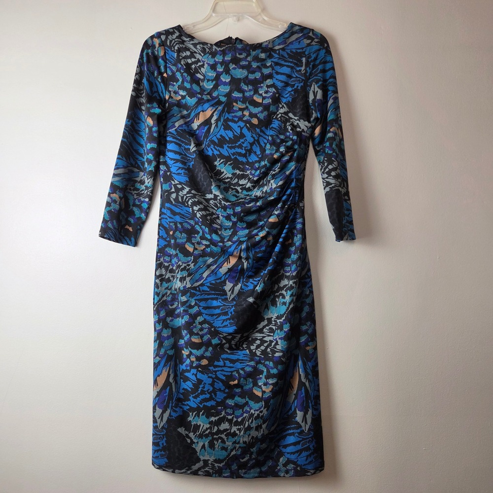 Jessica Simpson Women Blue Abstract Feather Ruched Sheath Dress Size 6 JS9D1344